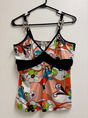 IZZY Floral Print Chain-Strap Tank Top - Black Trim Large